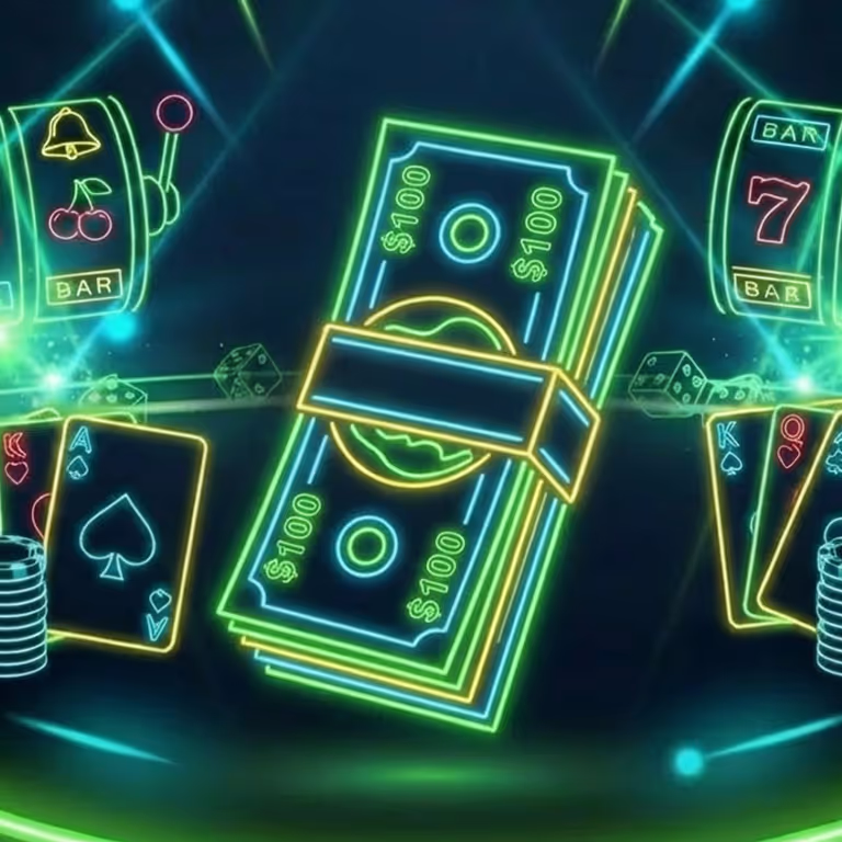 Rainbet Casino displaying poker chips stacked on a glowing green surface.